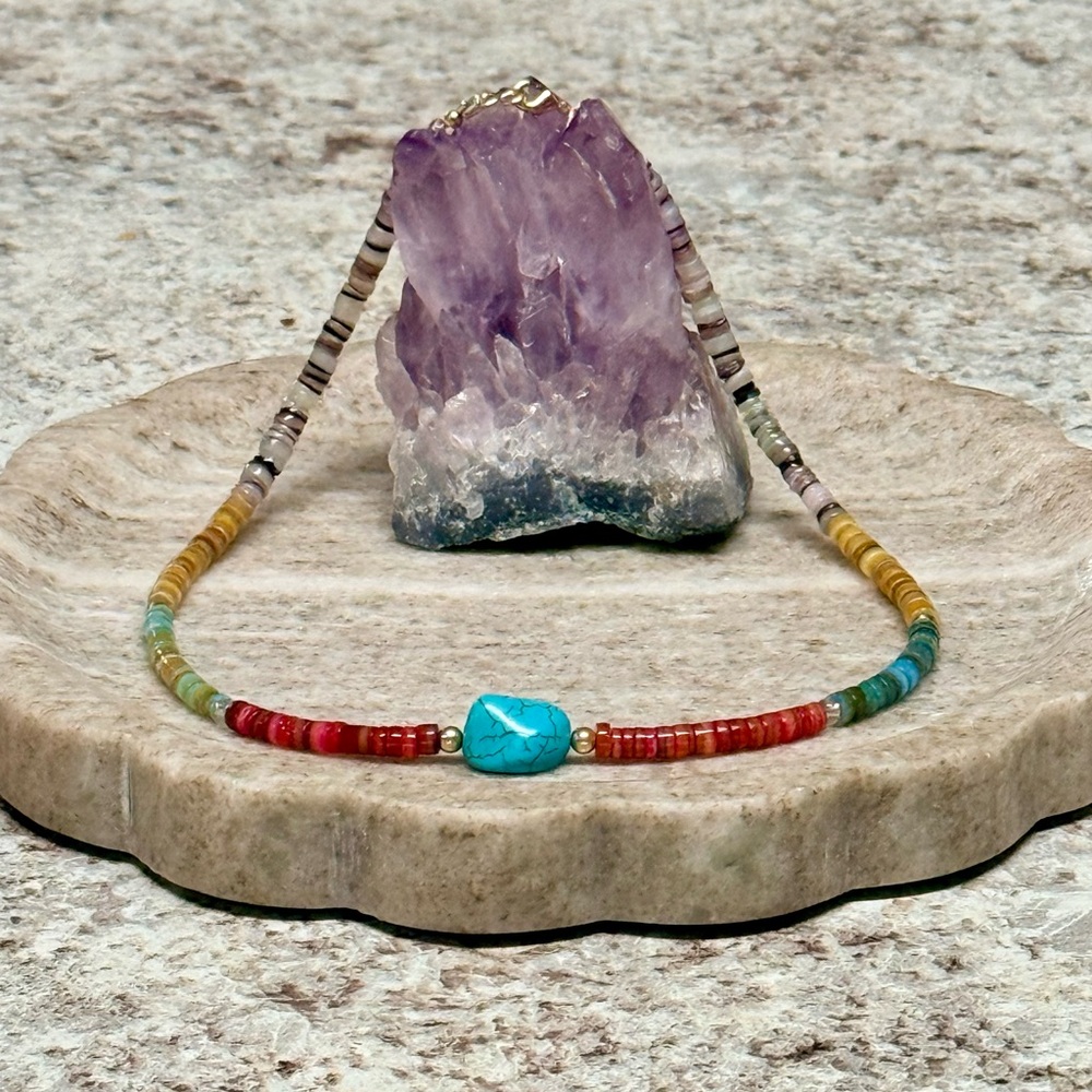 Gold-Filled Shell Heishi Minimalist Necklace With Turquoise Accent - Picture 3 of 3